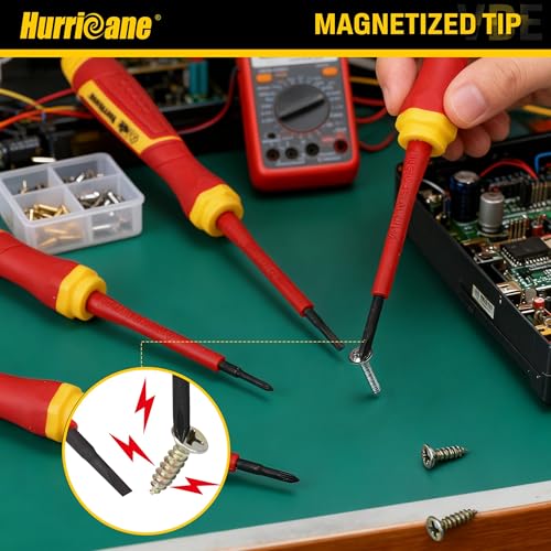 HURRICANE 6-Piece Insulated Precision Screwdriver Set, 1000V VDE Certified Small Electrician Screwdrivers with Magnetic Tips, PH000-PH0 & SL2.0-3.0mm for Terminal Blocks, Household Electrical Repairs - size: 6 pc Basic Mini Insulated Screwdriver