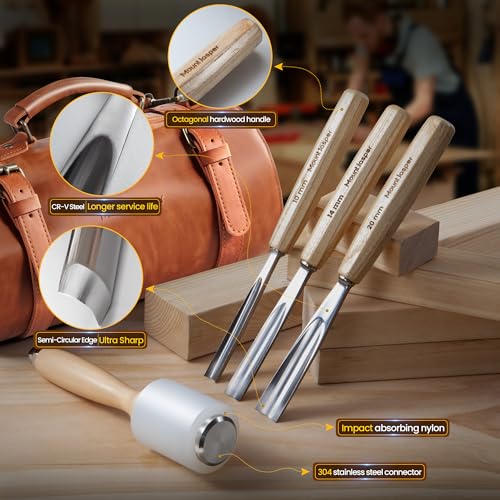 Wood Carving Chisel Set, 12 Pieces CR-V Steel with Nylon Hammer