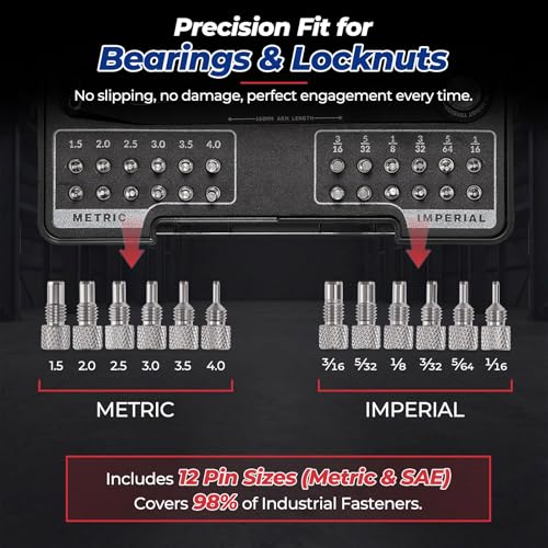 25 Piece Pin Spanner Wrench Set,42CRMO Heat-Treated,Nickel-Plated Finish,Adjustable Spanner Wrench for Bearings,Pulleys & Lock Nuts,Metric & Imperial Precision Pin Wrench,160mm Arms,180° Rotation