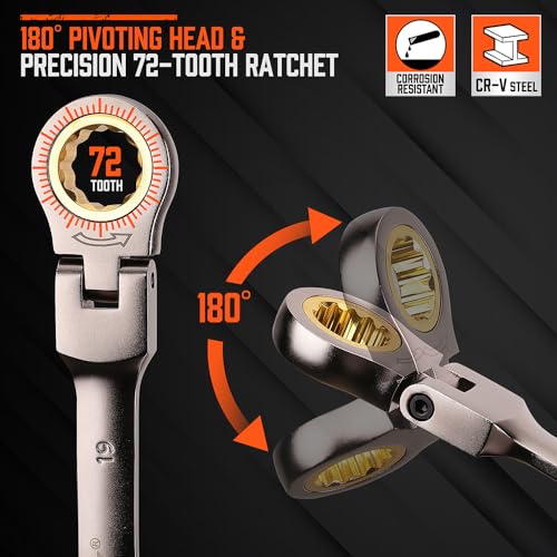 HORUSDY 12-Piece Metric Flex-Head Ratcheting Wrench Set with Organizer | 8-19 mm Ratchet Combination Wrenches Set | 72-Teeth | Chrome Vanadium Steel - style: 12-Piece Metric Flex-Head Ratcheting - Pro