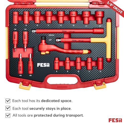 FESA Electrician Insulated Socket Set - 1000V 20-Piece Professional Insulated Ratchet & Socket Wrench Set (3/8" Drive) w/T-Handle, Extension & 4 Hex Bits - 1000 Volt Tools for Electricians - style: 3/8" Drive (Storage Case)