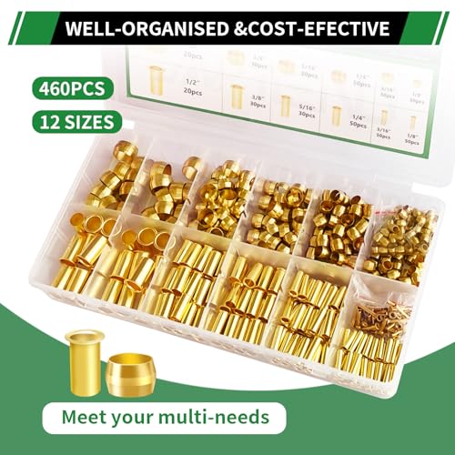 460pcs Brass Compression Sleeves Ferrules Inserts Fittings Kit | 6 Sizes 1/2" 3/8" 5/16" 1/4" 3/16" 1/8" Hose Repair Kit of Air Water Fuel Oil Gas Tube Lines - color: 460PCS Brass Compression Sleeves Ferrules Inserts