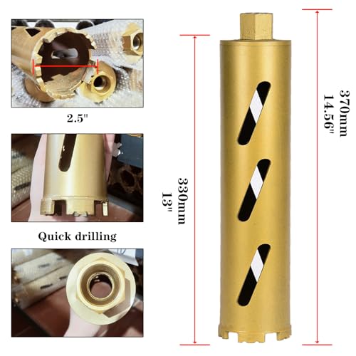 2.5" Dry Core Drill Bits for Cured Concrete with Rebar Brick Block Masonry etc 13in/330mm Drilling Depth，10mm Diamond Segment Height，2 Adapters - size: 2.5 inches