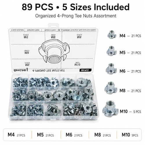 89 PCS 4-Prong Tee Nuts Kit, 5 Metric Sizes M4-M10, Zinc-Plated Carbon Steel, Assorted Tee Nuts for Wood with Organized Storage Case