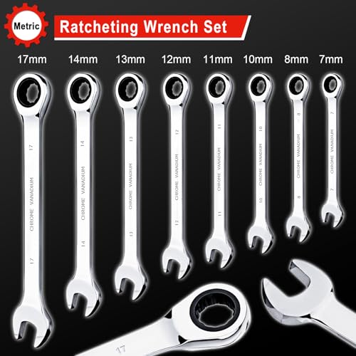 Egofine 8-Piece Ratcheting Wrench Set, Cr-V Steel Mertic Wrench Set from 7mm to 17mm wrench, 72 Teeth Ratchet Wrench, 12 Point Open End & Box End Combination wrench set with Roll Up Pouch - size: Metric-8 piece set