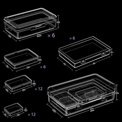 Clear Plastic Storage Containers, Mini Rectangular Organizer Boxes with Hinged Lids, 36 Pack Mixed Sizes, for Beads, Jewelry, Art Craft