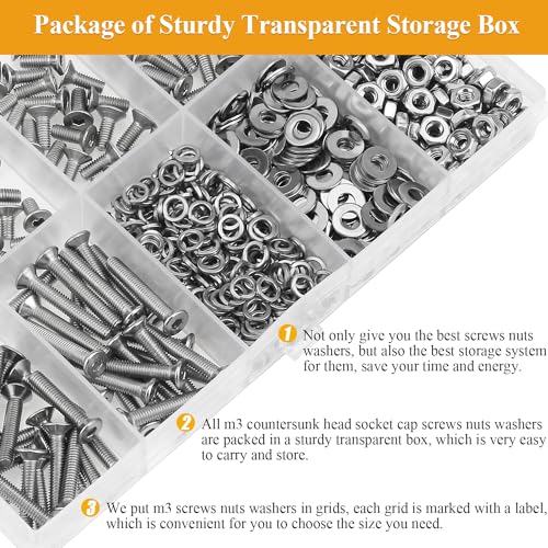 565 Pieces M3 Screws Nuts Washers Set, Sutemribor M3 x 4/6/8/10/12/16/20mm Countersunk Head Socket Cap Screws Nuts Washers Assortment Kit, 304 Stainless Steel, Fully Threaded - size: M3, style: Countersunk Head Socket Cap