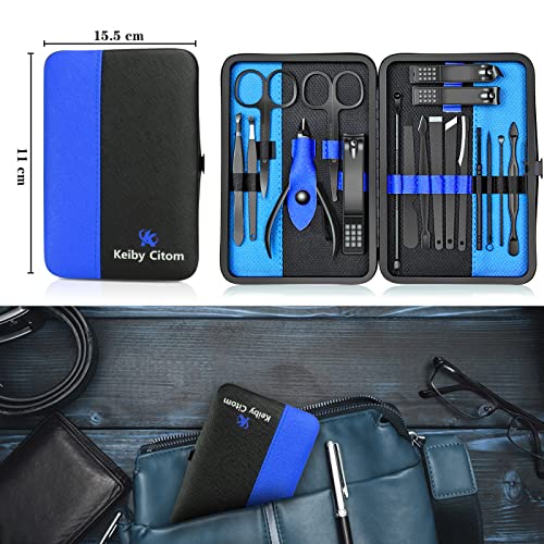 Professional Stainless Steel Nail Clipper Travel & Grooming Kit Nail Tools Manicure & Pedicure Set of 18pcs with Luxurious Case (Black/Blue) - color: Black/Blue
