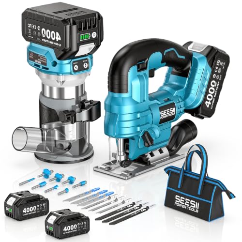 SEESII Cordless Jigsaw and Wood Router Tool Combo Kit - color: Blue Combo
