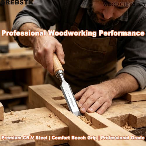 GREBSTK 4 Piece Wood Chisel Set CR-V Steel Sharp Bevel Edge for Woodworking