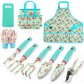 Garden Tools Set, JUMPHIGH 10 PCS Heavy Duty Gardening Tools Includes Hand Trowel Rake Weeder Pruner, Gardening Gifts for Women, Garden Kit with Tote Bag, Apron, Gloves, Kneeling Pad - color: Blue Green
