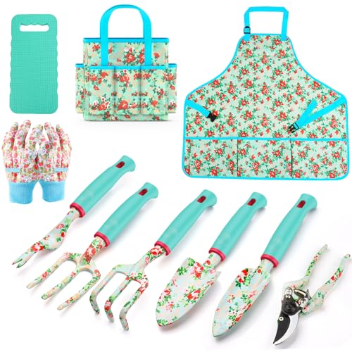 Garden Tools Set, JUMPHIGH 10 PCS Heavy Duty Gardening Tools Includes Hand Trowel Rake Weeder Pruner, Gardening Gifts for Women, Garden Kit with Tote Bag, Apron, Gloves, Kneeling Pad - color: Blue Green