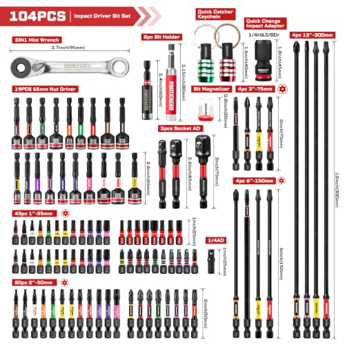 Geinxurn 82Pieces Impact Screwdriver Bits Set, Magnetic S2 Steel Phillips/Square/Torx/Hex Insert Power Bits Tips with Impact Bit Holder and Impact Nut Driver and Mini Wrench - size: Mixed-82Pcs-A