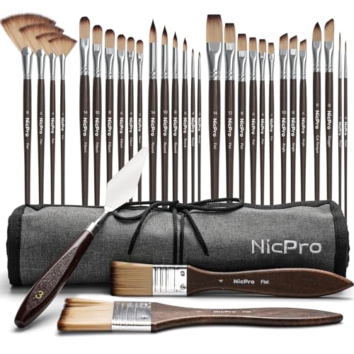 Nicpro 32pcs Paint Brush Set, Professional Paintbrushes with Paint Spatula and Cloth Roll Case, Craft Paint Brushes for Acrylic Painting, Oil, Watercolor, Gouache, Art Supplies for Artists Beginners - color: Brown