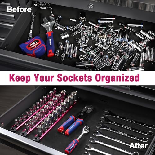 WORKPRO Magnetic Socket Organizer, Heavy Duty 1/2-Inch Drive Socket Rail - color: Rose Red, size: 1/2" DR