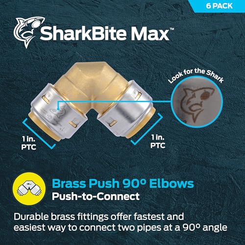 SharkBite Max 1 x 1 in PTC 90-Degree Elbow, Pack of 6, Push-to-Connect Brass Plumbing Fitting, UR260 - size: 1 in., 6 Pack
