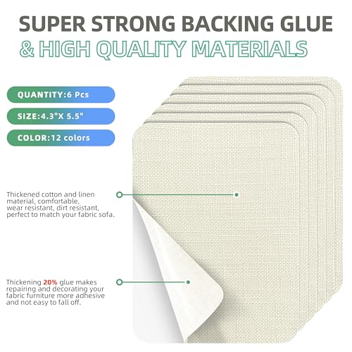 Azobur Coarse Linen Repair Patches, 6 Piece Self-Adhesive Linen Fabric Patches, Multi Color, Can be Used for Linen Sofa Repair and Linen Clothes Repair, Quick Fix Sofa.(Off-White) - color: Linen - Off-White