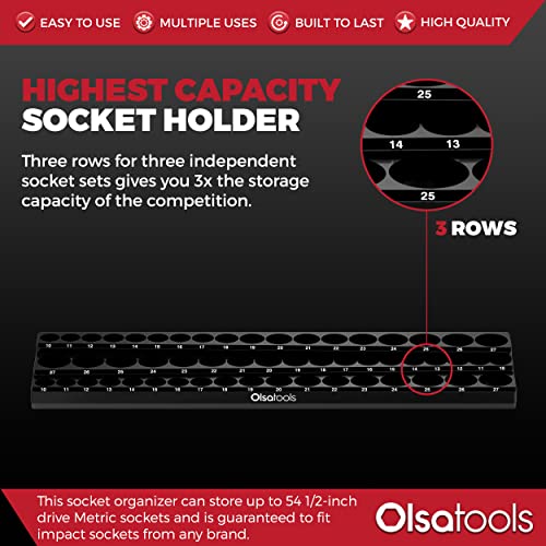Olsa Tools Magnetic Socket Holder 1/2-Inch Drive Metric, Black, 54 Slots - color: Black, size: 1/2-Inch Drive, Metric