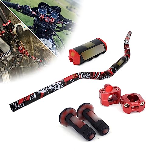 1 1/8" 28mm Motorcycle Handlebar Handle Bars + Riser Mount Clamp + Pad + Grips Set For Dirt Bike Off Road Bike Pit Bike - Red