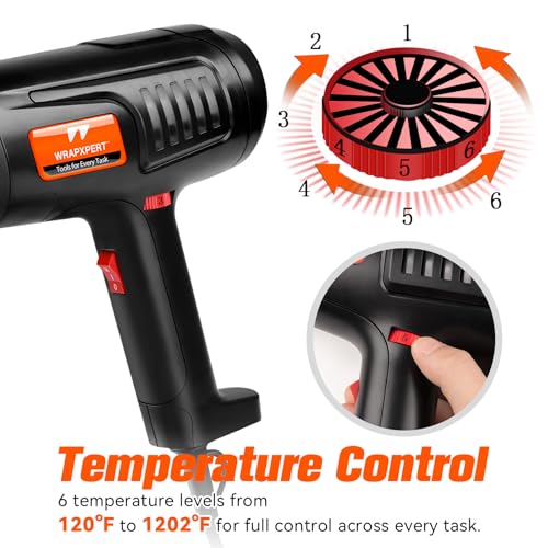 WRAPXPERT Heat Gun for Vinyl Wrap 1600W 122℉-1202℉ with 2 Air Speeds Variable Temperature, Fast Heating Heavy Duty Hot Air Gun for Car Wrap, Window Tint, Crafts, Shrinking Tubing, Stripping Paint - color: Black