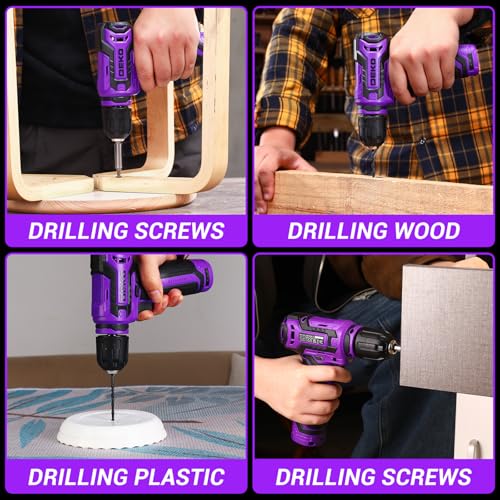 Cordless Drill：DEKOPRO 12V Power Drill Set 800RPM Electric Drills Small Drills with 3/8-inch Keyless Chuck and Portable Tool Set Gift Box (Purple)