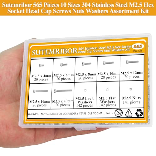 565 Pieces M2.5 Screws Nuts Washers Set, Sutemribor M2.5 x 4/6/8/10/12/16/20mm Hex Socket Head Cap Screws Nuts Washers Assortment Kit, 304 Stainless Steel, Fully Threaded - size: M2.5, style: Socket Head