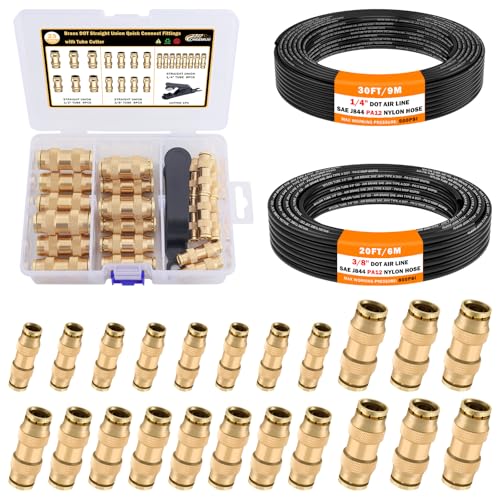 CheeMuii 23 Pcs Brass DOT Air Line Fittings with 1/4" & 3/8" DOT Air Hoses - size: 2ROLL-25PCS