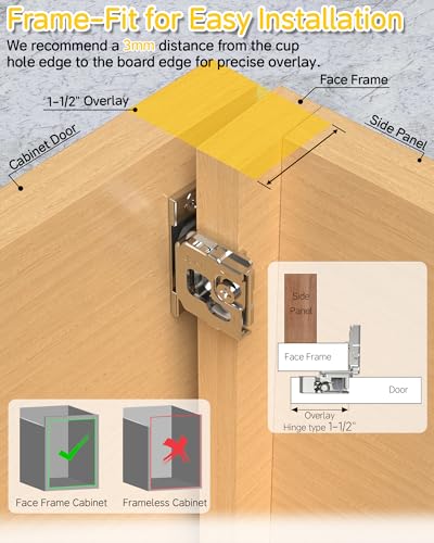 Onemake 80 Pack 1-1/2" Overlay Face Frame Soft Close Cabinet Hinges, 105° Concealed Hinge, Smooth Slow Self Closing, 3D Adjustable, Hidden Hardware Replacement for Kitchen, Wardrobe, Cupboard Door - size: 1-1/2"