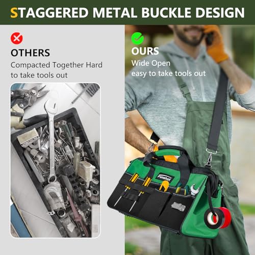 16 Inch Heavy Duty Tool Bag, Compact Tool Organizer with 17 Pockets, Wide Mouth Tool Tote with Adjustable Shoulder Strap, Portable Work Bag for Electricians, Mechanics, Contractors, DIY & Home Repair - size: 15.6"L x 8.3"W x 9.5"H