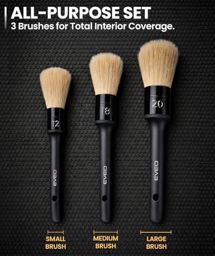 EVEO Car Detailing Brush Set - (3 Pack) Car Detailing Kit Interior, Car Interior Detailing Kit Car Detailing Brushes - Car Cleaning Brush, Car Detailing Brushes, Car Detailing Tools | Soft Boars Hair