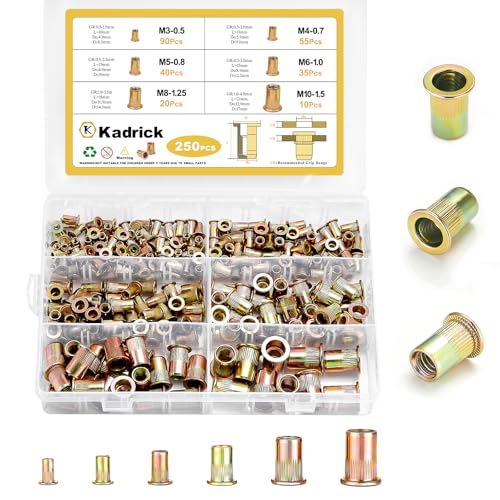 Kadrick Rivet Nut Kit, 250pcs Metric Rivet Nut Assortment Kit Galvanized Carbon Steel Flat Head Threaded Insert Nuts, Sizes M3 M4 M5 M6 M8 M10 - size: Metric Kit 250Pcs