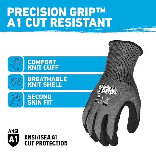 Gorilla Grip A1 Precision Grip Work Gloves, Large, 12 Pack, Gray - color: Grey A1 (12 Pack), size: Large