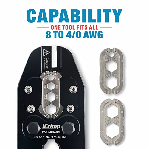 iCrimp Battery Cable Lug Crimping Tool Kit for 8, 6, 4, 2, 1,1/0, 2/0, 3/0, 4/0 AWG Copper Ring Terminals, Battery Cable Ends, Copper Splice, c/w Radial Wire Stripper - size: AWG8-4/0