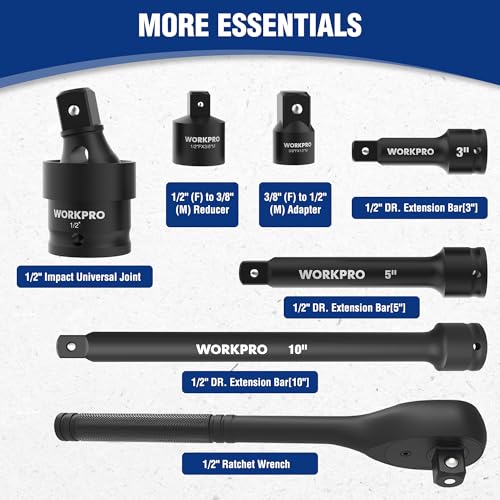WORKPRO 1/2” Drive Impact Socket Set, 65PCS SAE(3/8”-1-1/4”) and Metric(10-24mm) Deep & Shallow Kit, Ratchet Handle, Extension Bar, Impact Universal Joint and Adapters for Automotive Repair - size: 65 PCS, Metric&SAE