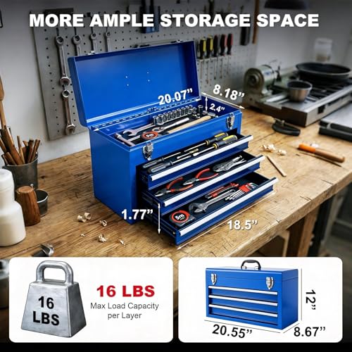 BIG RED ANTBD133-XU Torin 20" Portable Metal Tool Box/Tool Chest with 3 Drawers with Metal Latch Closure for Garage, Home and Workbench,Blue
