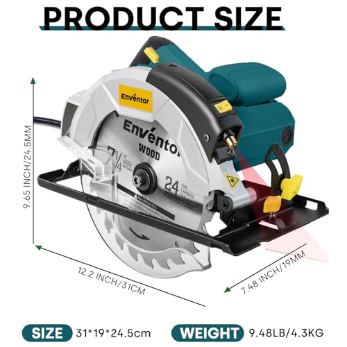 Enventor Circular Saw with Laser Guide, 2 Blades 7-1/4", 10A Corded Motor