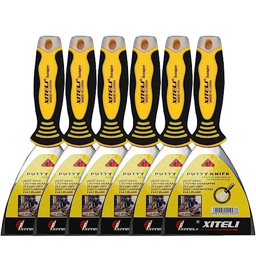 6-Pack 4" Putty Scraper, Putty Knives with Plastic Ergonomic Handle for Taping Paint Wall Floor Tile, Metal Spackle Tools Knife,Remover for Wood, Wallpaper Scraper (4")
