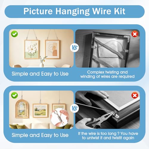 Picture Hanging Wire Kit, Adjustable Stainless Steel Frame Wire 2m X 1.5mm, Heavy Duty 90lbs, Picture Hangers with 16pcs Screws and 8pcs Hole D Rings, for Canvas Paintings/ Mirrors/ Frames