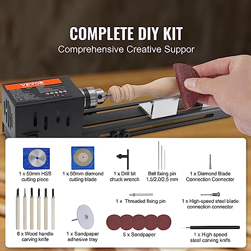 VEVOR Mini Lathe Machine, 2.76 in x 6.3 in, 24VDC 96W Mini Wood Lathe Tools Milling Machine Accessories, 7 Speeds 4220/5300/5650/6350/6660/7050/8450 RPM, for DIY Woodworking Wood Drill Rotary Tool - size: 2.76 in x 6.3 in