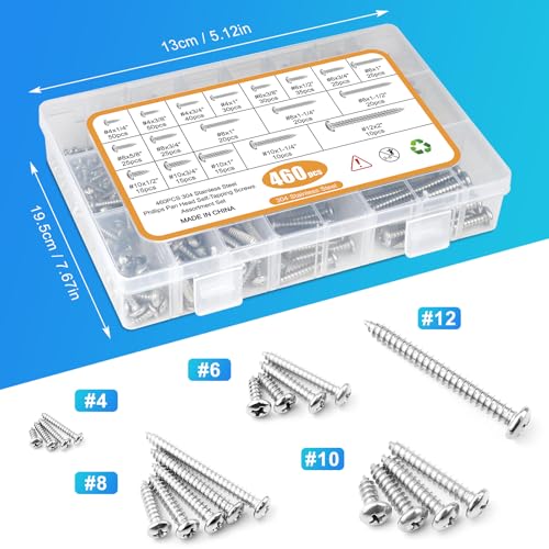 460PCS Stainless Steel Wood Screws Assortment Kit, 18 Sizes #4#6#8#10#12 Pan Head Sheet Metal Screws Self Tapping Screws Set for Wood Deck Drywall Concrete Screws, Length 1/4" to 2" - style: Silver Pan Head 460PCS