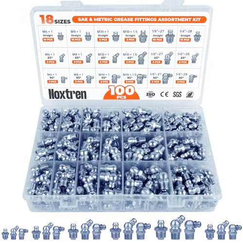 100PCS Grease Fittings Assortment, 18 Essential Sizes SAE & Metric Zerk Grease Fittings Kit– Includes UNF NPT 1/4" 1/8" M6 M8 M10, Straight 45 90 Degree for Grease Guns - size: 100