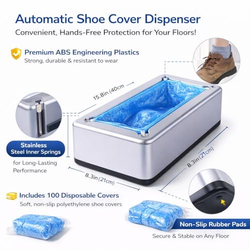 Hands-Free Automatic Shoe Cover Dispenser with 100 Disposable Covers, Heavy Duty Non-Electric Design, Fits Most Shoe Sizes for Home, Office, Clinic & Workshop