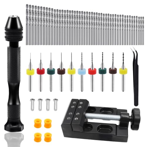 Dianrui 61PCS Pin Vise Hand Drill Set including 1PC Mini Drill Press Vise, 10PCS PCB Mini Drill Bits, 1PC Elbow Tweezers and 48PCS 0.3-3.5mm Micro Twist Drill Bits - style: 60 set with Drill Press