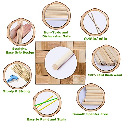 Wooden Dowel Rods, 200PCS 1/8 x 6 Inch Round Wooden Sticks for Arts Crafts, Home Decor, Cake Support, Photo Booth Props, Unfinished Natural Hardwood Sticks - size: 1/8 x 6 Inch (200PCS)