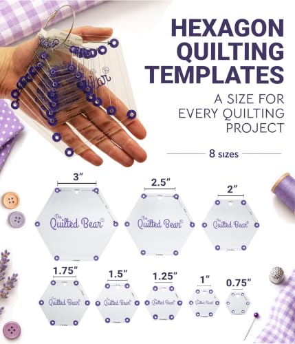 The Quilted Bear Hexagon Quilting Templates, Set of 8 - size: Hexagon