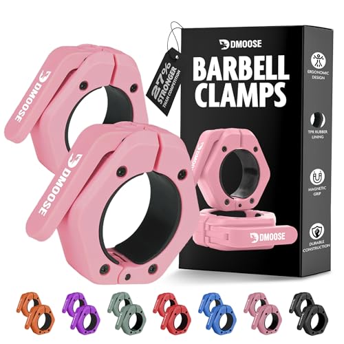 DMoose Fitness Barbell Clips 2 Inch (Pair) - Quick Release Olympic Barbell Clamps & Collars with Anti Slip TPR Grip for Secure Weightlifting and Powerlifting - Weight Clips for Bars at Home or Gym - color: Pink, style: Non Magnetic