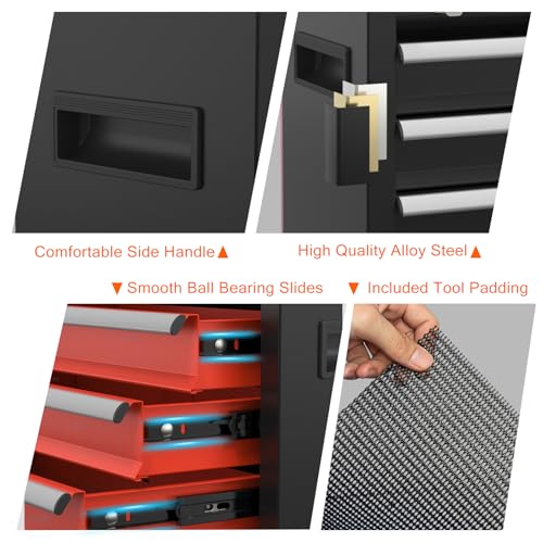 Portable Metal Tool Box with Drawers, Latches Tool Box with EVC Liners for Garage, Home and Workbench (Blackred) - color: Blackred