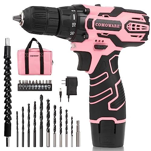 COMOWARE Pink Cordless Drill Set for Women, 12V Lightweight Electric Screwdriver with 3/8" Keyless Chuck, 1.5Ah Battery - Portable Power Drill Kit with Pink Tool Bag for Home DIY Projects - color: Pink