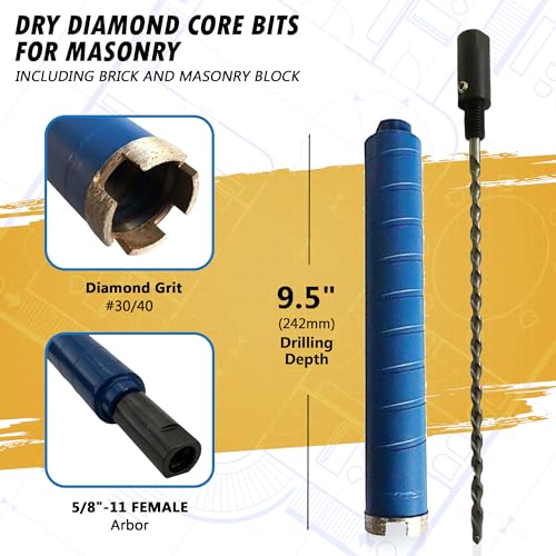 1-1/2" Dry Diamond Core Bit w/Pilot for Brick & Block, 5/8"-11 - size: 1-1/2"