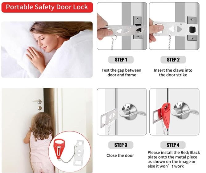 Portable Door Lock & Door Stop Alarm Set, Dual Protection Home Security Door Kit, Travel Hotel Lock Devices Pocket Self Defensey Tools for Traveling Hotel Home Apartment,Red,